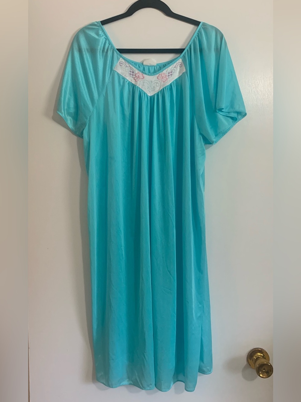 Vintage 70s/80s Milco NY Turquoise Nylon Nightgown Mumu Loungewear Grandmacore